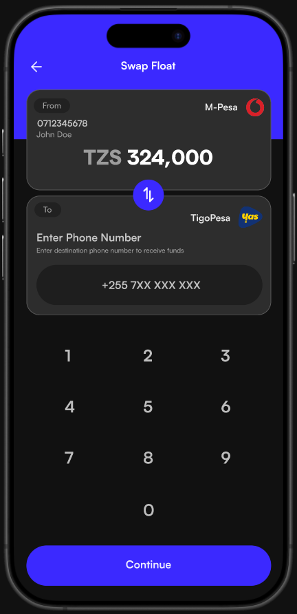 FloatPesa swap float screen with keypad for entering recipient number.
